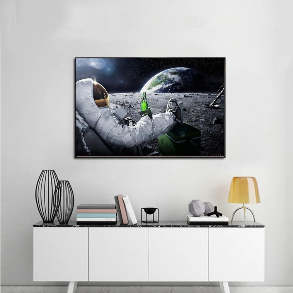 Kosminėje Erdvėje Astronautai Atsipalaiduoti Alaus Mėnulis Drobės Tapybos Plakatai ir Spausdina Sienos Menas Nuotraukas Kambarį Namo Apdaila