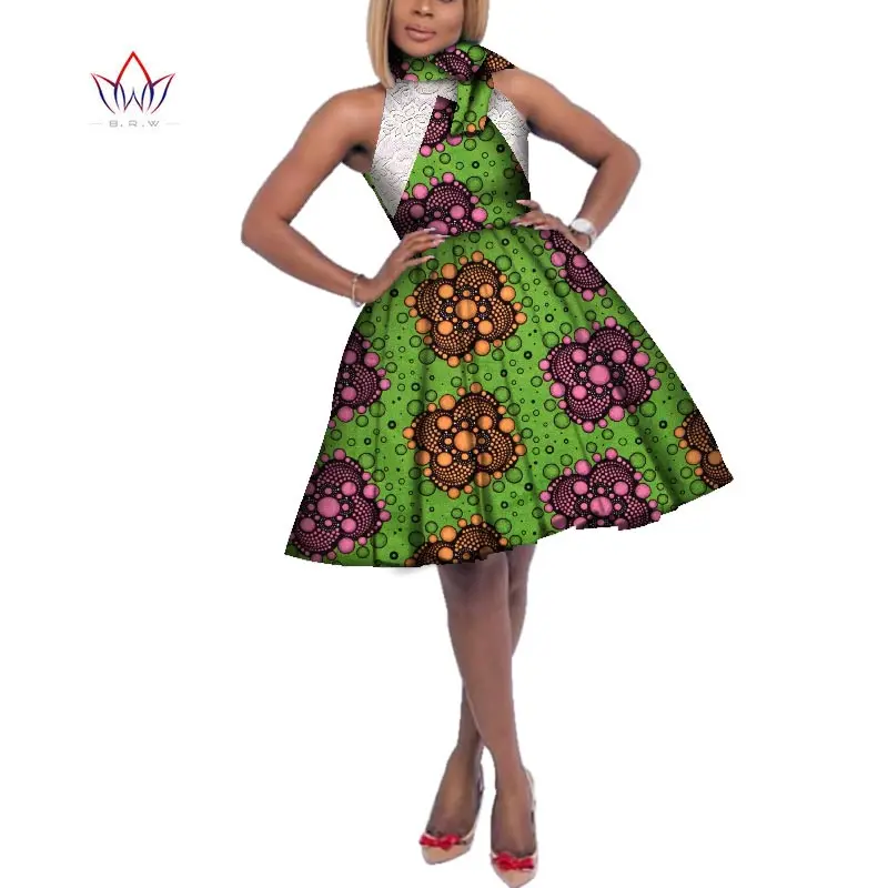 Mados Afrikos Vaškas Spausdinti Suknelės Moterims heidi bazin Riche Moterų Stovėti Kaklo Lankas Mazgas Nėrinių Suknelė Afrikos Stiliaus Drabužių WY3251