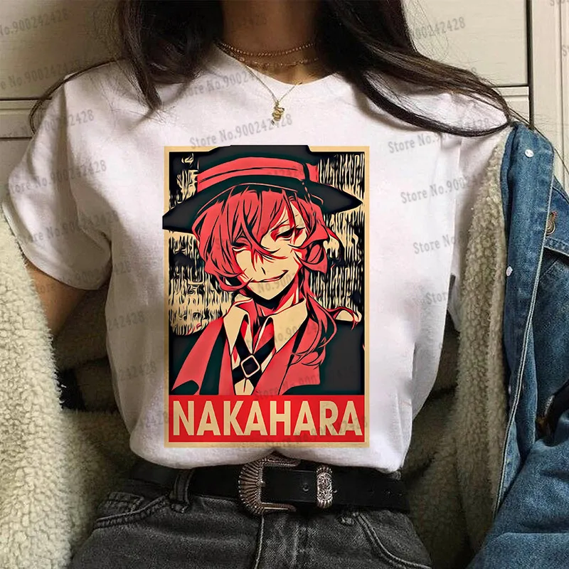 Mados Anime Bungo Benamių Šunų marškinėliai moterims Gražus Osamu Dazai T-shirt Nakahara Chuya Tees Japonų Animacinių filmų Grafika Lady Viršūnės