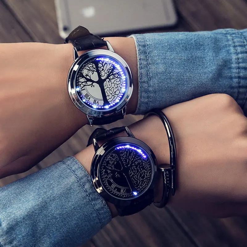 Mados Elegantiška Mėlynos Hibridinis Jutiklinis Ekranas LED laikrodis su 60 Mėlyna LED Žibintai Aukštos Klasės Dizainas, Odinis Juosta Paramos Touchscreen