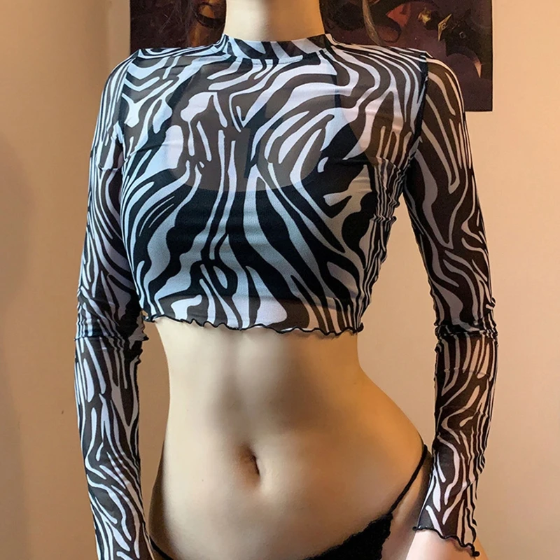 Moterų Sexy 2vnt ilgomis Rankovėmis Pasėlių Viršuje su Juoda Apynasrio Camisole Harajuku Zebra Stripes Spausdinami Vien Akies Slim T-Shirt