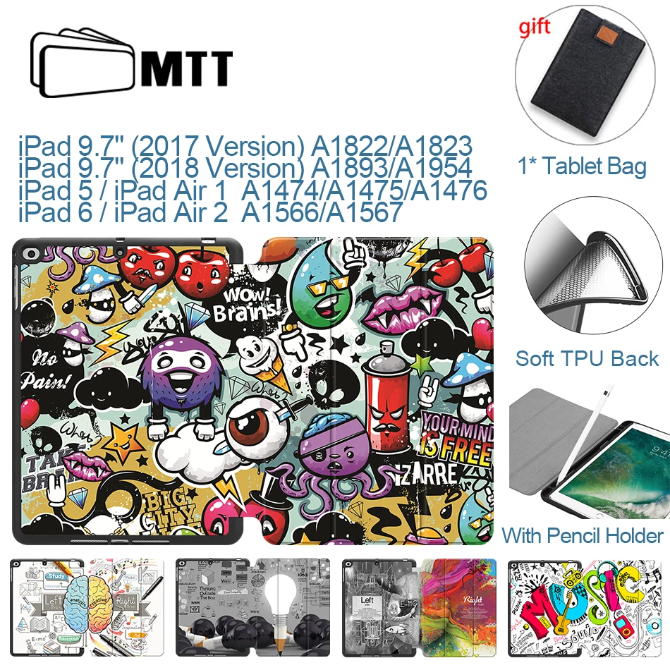 MTT Grafiti Case For iPad 9.7 colių Su Pieštukas Turėtojas Minkštos TPU+PU Odos Apversti Smart funda iPad Oro 1 Oro 2 Tablet Atveju
