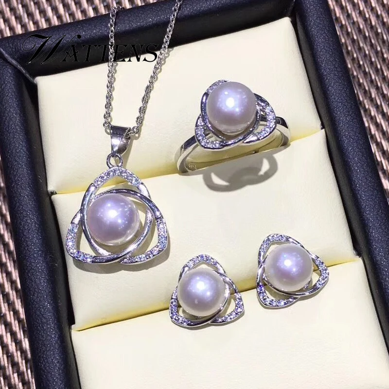 Natūralių Perlų komplektas,papuošalų rinkiniai perlų karoliai pakabukas žiedas, auskarai moterims, 925 sterlingas sidabro vestuvės juvelyrika Dovana