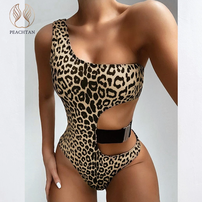 Peachtan vientisas Leopard maudymosi kostiumėlį moterų 2020 m. monokini Tuščiaviduriai iš maudymosi kostiumėliai moterims Seksualus brazilijos bikini vieną petį bodysuit