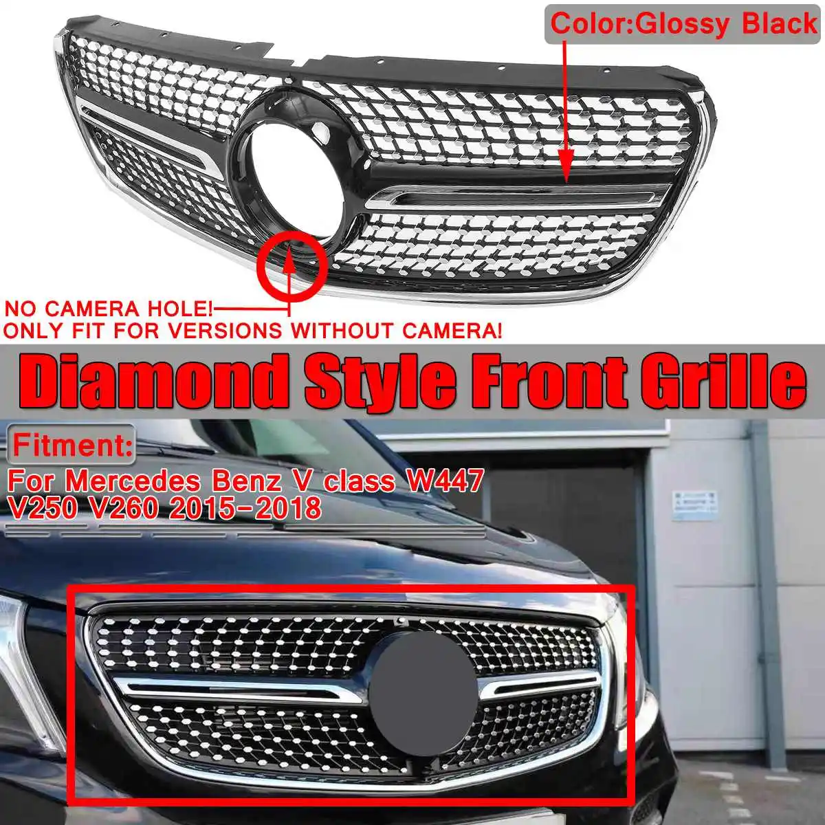 Silver/Black Diamond Automobilio Bamperio Grotelės, Grotelės Mercedes Benz W447 V-Class V200 V220 V250 V260-2018 nr. Fotoaparatas