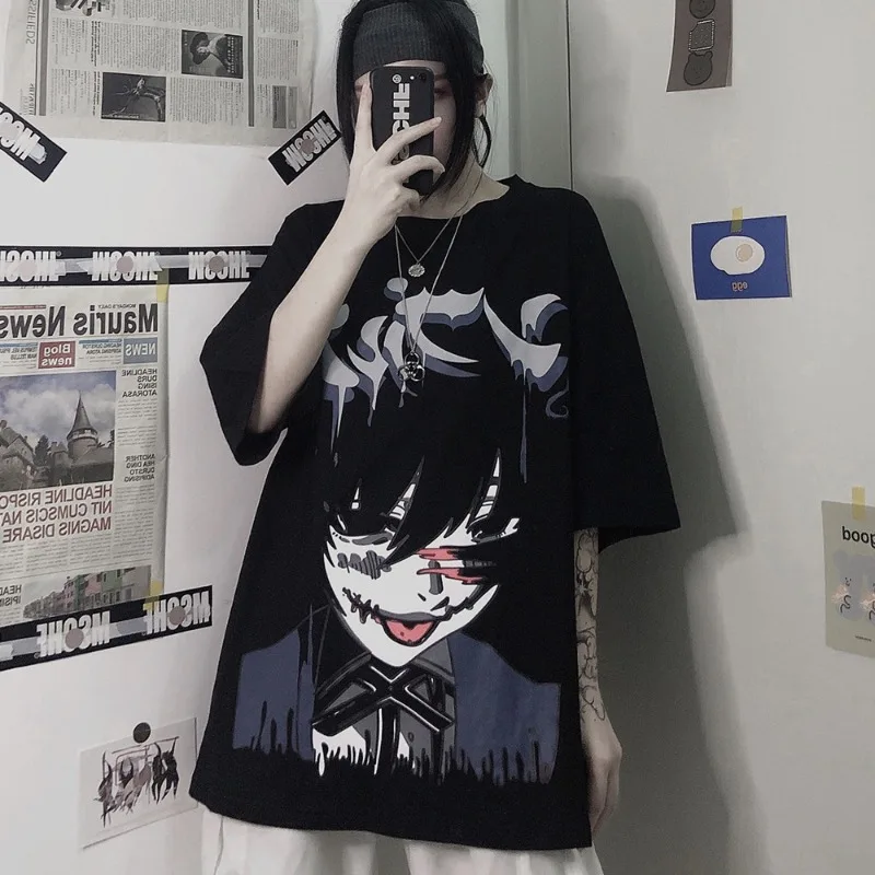 Trumparankoviai marškinėliai Moterims Vasaros 2020 Dark Gothic Punk Ilgai Prarasti Visas rungtynes, Anime Spausdinimo Naują Atsitiktinis Unisex Viršuje Tee Mados