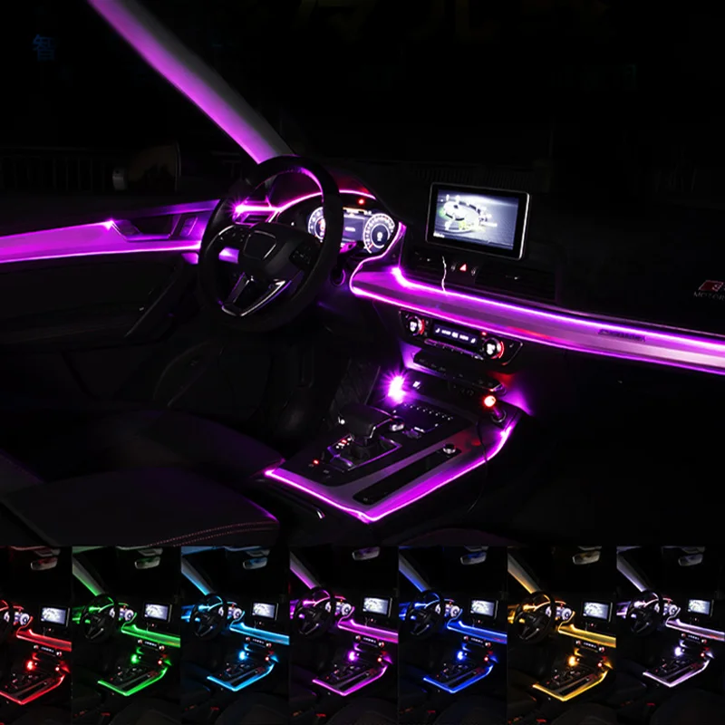 Universalus Automobilių Atmosfera Dekoratyvinės Šviesos Lankstaus Neono EL Vielos Juostos App Garso Valdymo RGB Daugiaspalvis Auto Interjero Šviesos 12V