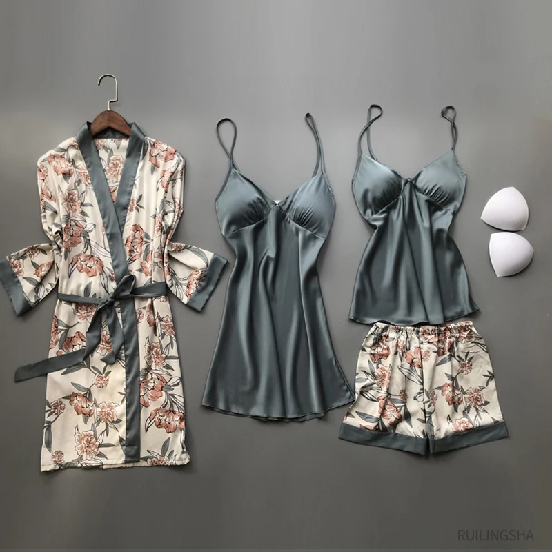 Vasaros Satino 4 gabalus Mantija Rinkiniai Dirbtiniais Šilko Kimono Pižama Moterims Gėlių Spausdinti Seksualus Plius Dydis Nightgowns Sleepshirts Lounge Rinkinys