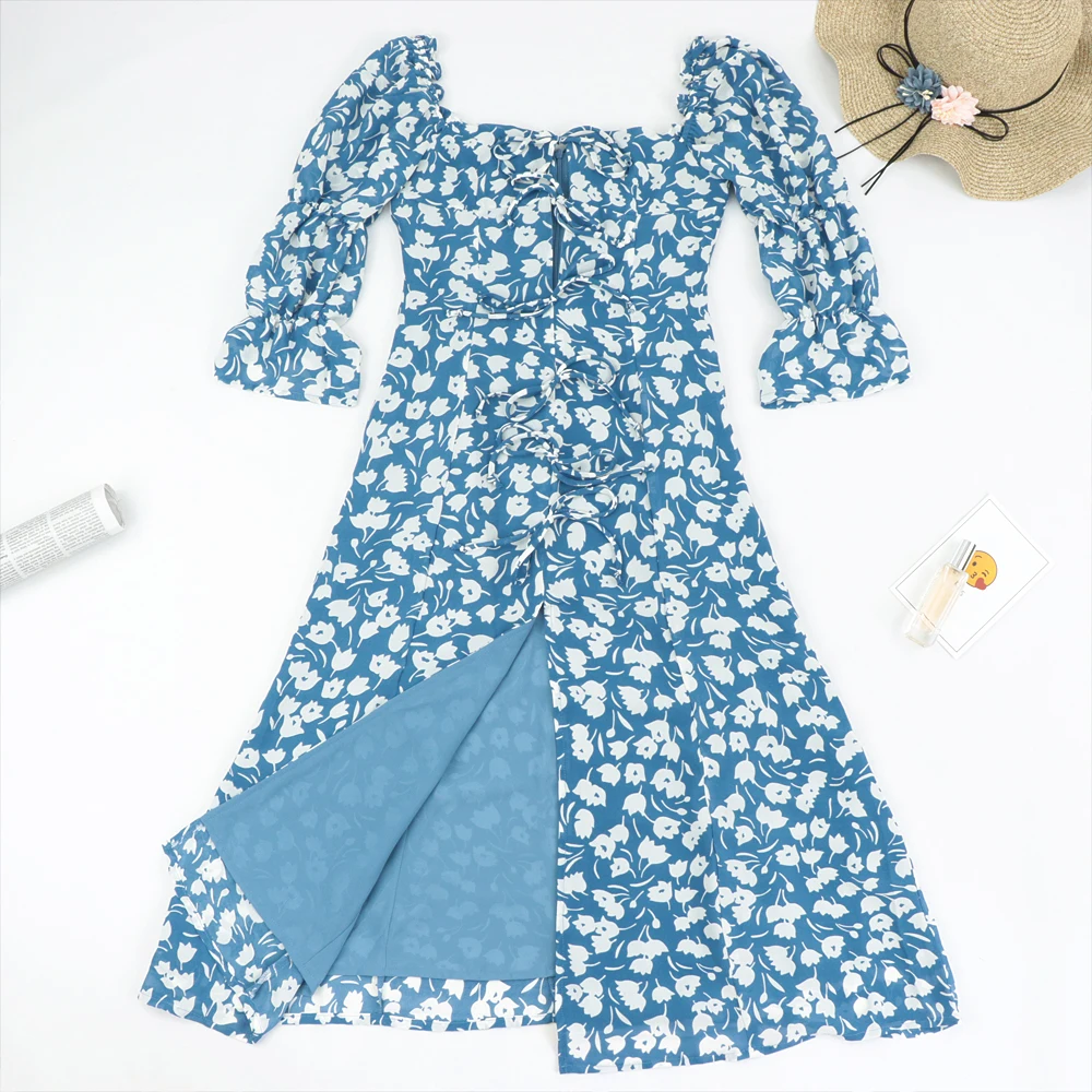 Vasarą Moterys atsitiktinis midi suknelė gėlių spausdinti lankas apdailos Slim suknelė Padalinta vestido Vintage Blue Elegantiškas Centras Tvarstis Suknelės