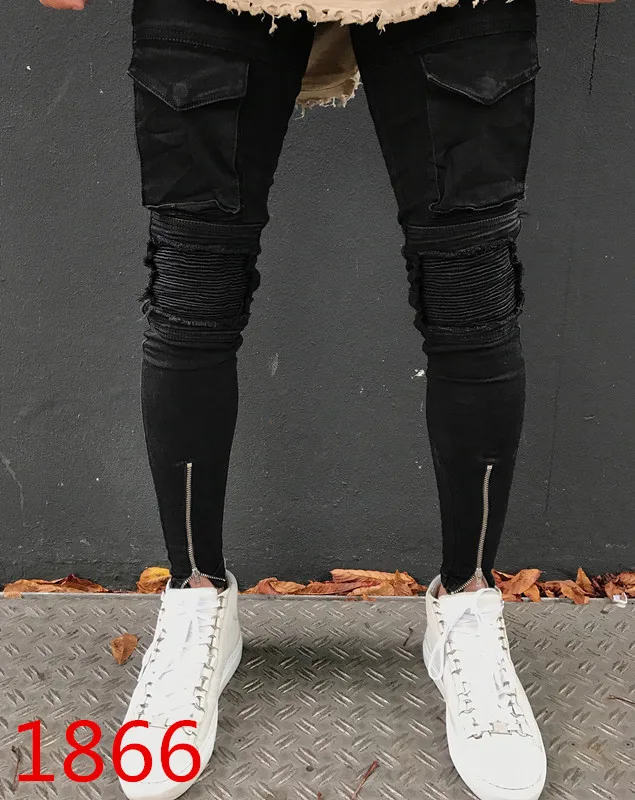 Vyriški motociklininkų kelnės medvilnės prekės džinsai slim-montavimo mažas kankina kojų high street vyrų tendencija plisuotos aukštos kokybės džinsinio audinio kelnės