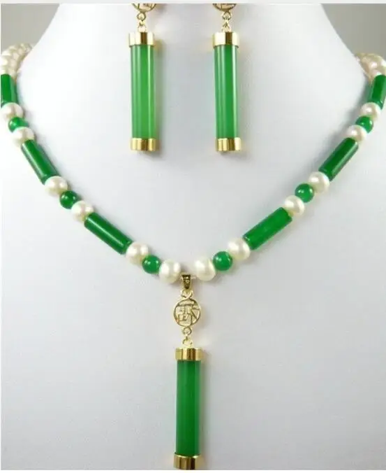 žavesio Green Jade Balta perlų vėrinį +Jade auskarai rinkinys