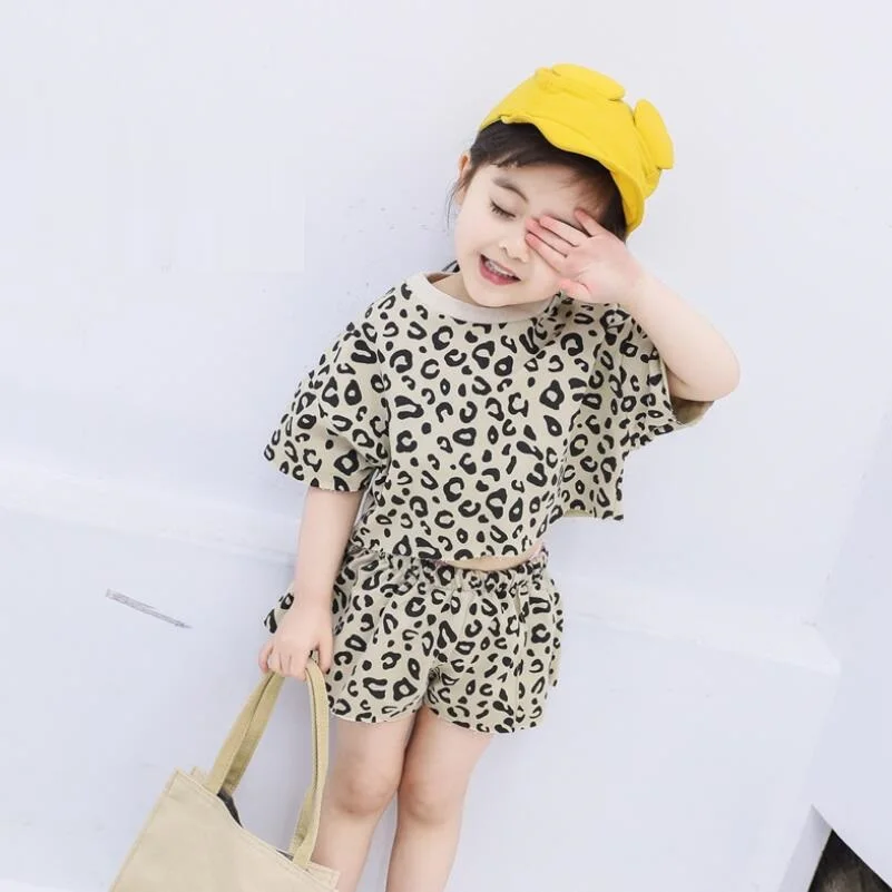 2019 Leopardas Spausdinti korėjos Viršūnes+Šortai 2 dalių Komplektas Mergaitėms Vaikų Drabužių Rinkiniai Bamblys Baby Girl Vasaros Drabužių Vaikams, Kombinezonas