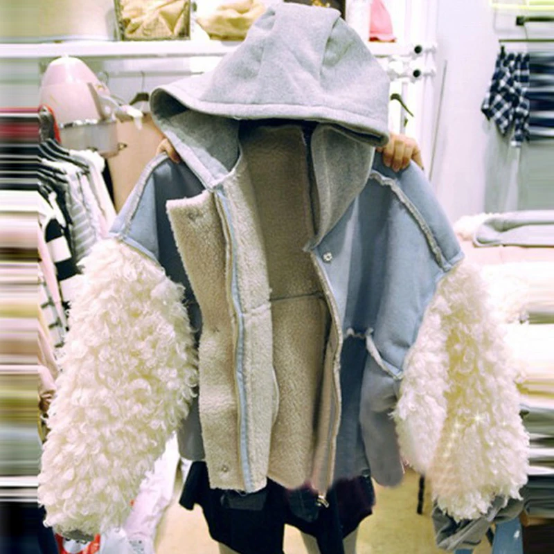 2020 M., Nauja Rudens Žiemos Korėjos Stilius Laisvas Moterų Outwear Striukės Ėriukų Vilna Suede Kratinys Gobtuvu Šiltu Dirbtiniais Kailių Paltai Striukės
