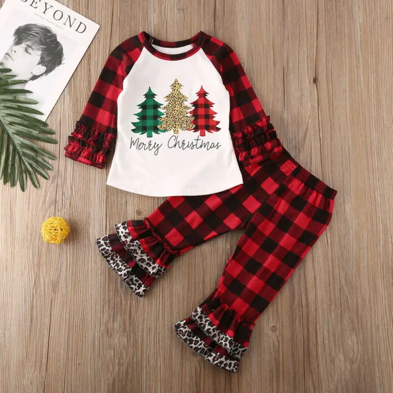 2020 Naują Pavasario Rudenį Rudenį Vaikai Baby Girl Drabužiai Linksmų Kalėdų Pynimas T-shirt Plaids Kelnes Apranga Medis Kalėdos Rinkinys
