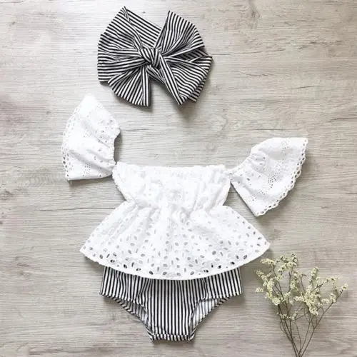 3pcs Bamblys Baby Girl drabužiai nustatyti Nėrinių tuščiaviduriai iš trumpomis rankovėmis Viršuje +Stripe Šortai +lankelis 3Pcs Komplektai rinkinys drabužiai