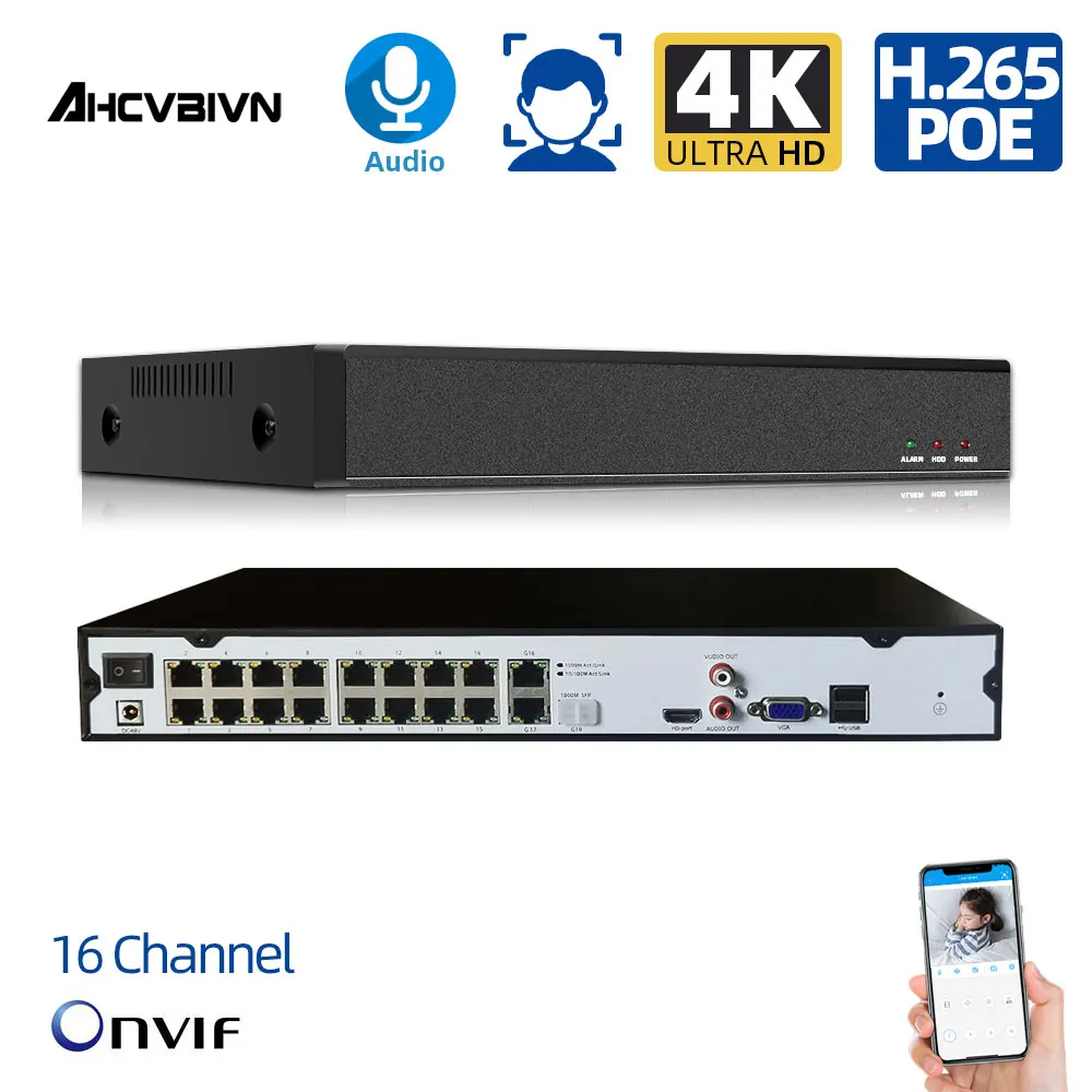 AHCVBIVN 4K 16 Kanalų NVR H. 265+ 16CH NVR Veido Aptikimo 4 HDD Paramos ONVIF RTSP su 16 prievadų POE dėl Saugumo Rinkinys