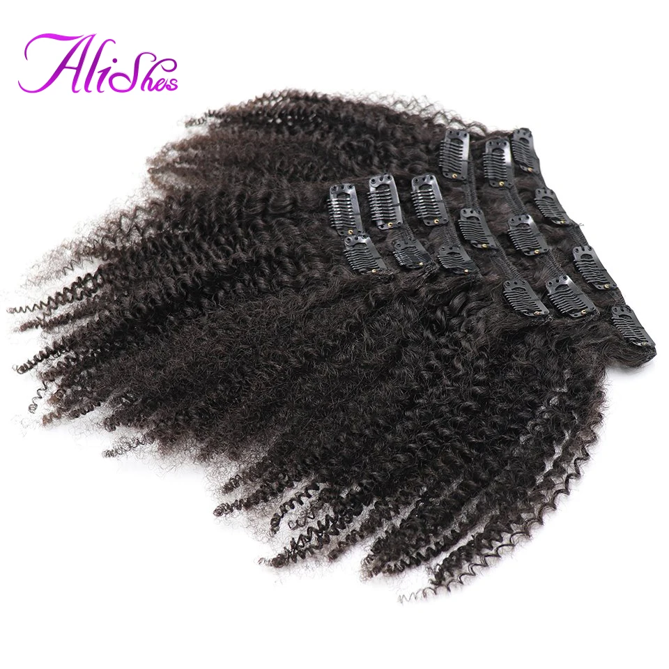 Alishes Afro Keistą Įrašą ins 8-20 colių Žmogaus Plaukų priauginimas 120 gramas 8pieces/set Brazilijos Garbanotas Plaukų Clips Remy Plaukų moterims