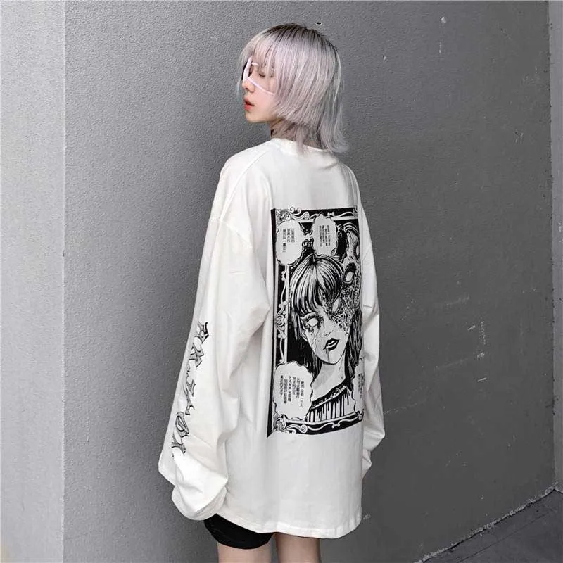 Animacinis Siaubo Grafinis T-shirt Moteris Simbolių Spausdinti Prarasti Punk Japonijos T Marškiniai Megztinis Viršuje Harajuku Gatvėje Tees