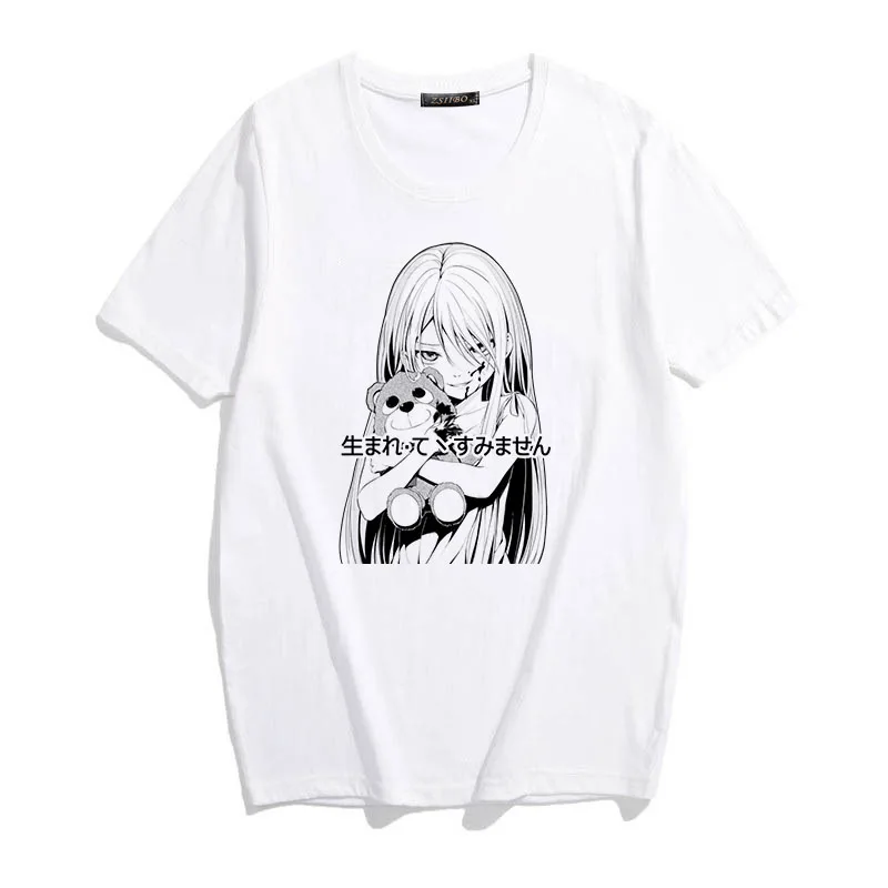 Anime Graphic marškinėliai Prarasti Harajuku Mergina, Print T shirt Vasaros Mados Moterų Estetinės Japonijos Animacinių filmų Topai goth juoda marškinėlius