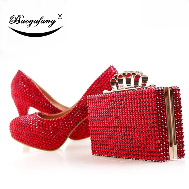 BaoYaFang Red crystal vestuvių batai su atitikimo krepšiai moteris 8cm/10cm/12cm/14cm Plonas kulnas Ponios Siurbliai ir piniginės nustatyti platforma