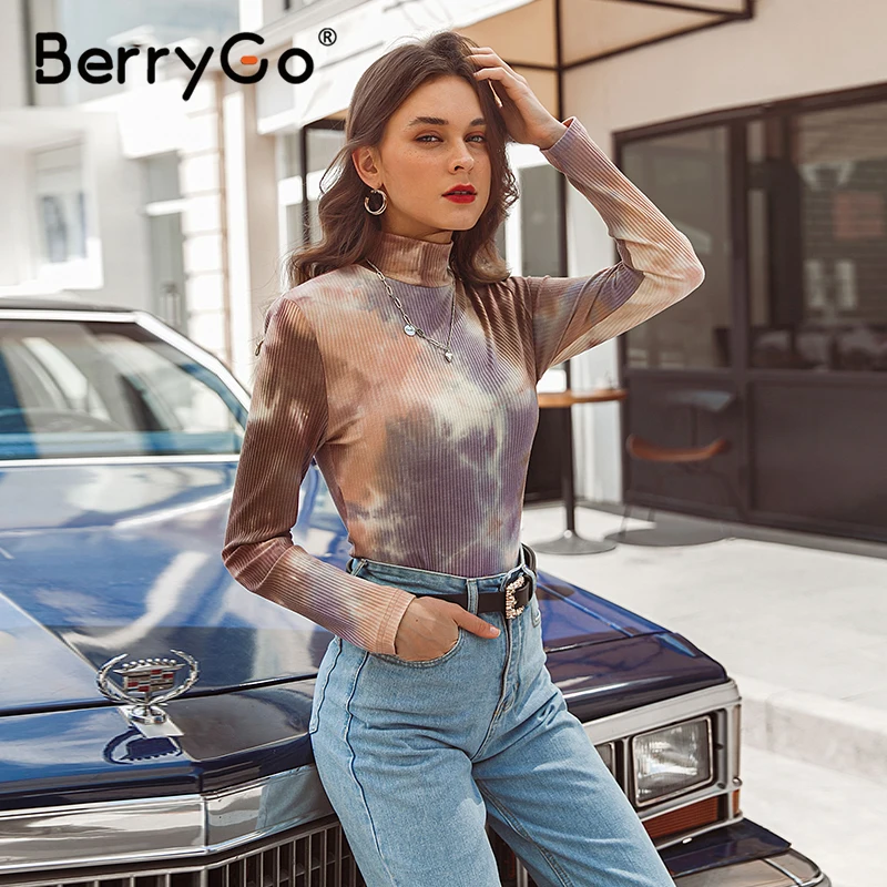 BerryGo Trumpas, minkštas spausdinimo žiemos marškinėliai High street style tinka rhigh apykaklės marškinėliai moterims Liesas puloveris kaklaraištis-dažytos, priešingai nei viršūnės