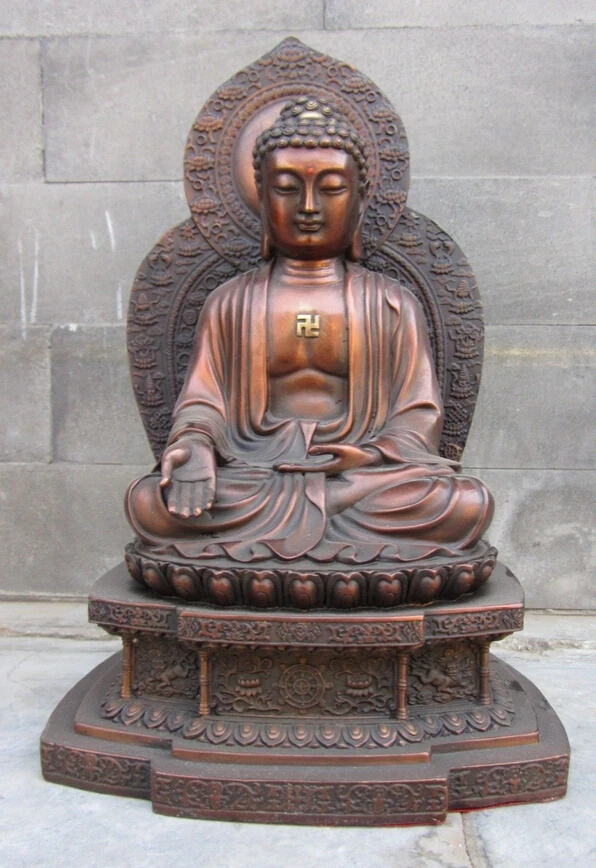 Bi001899 kinijos Budizmo vario raudona bronza Tathagata Gautama buda Sėdėti Lotoso statula