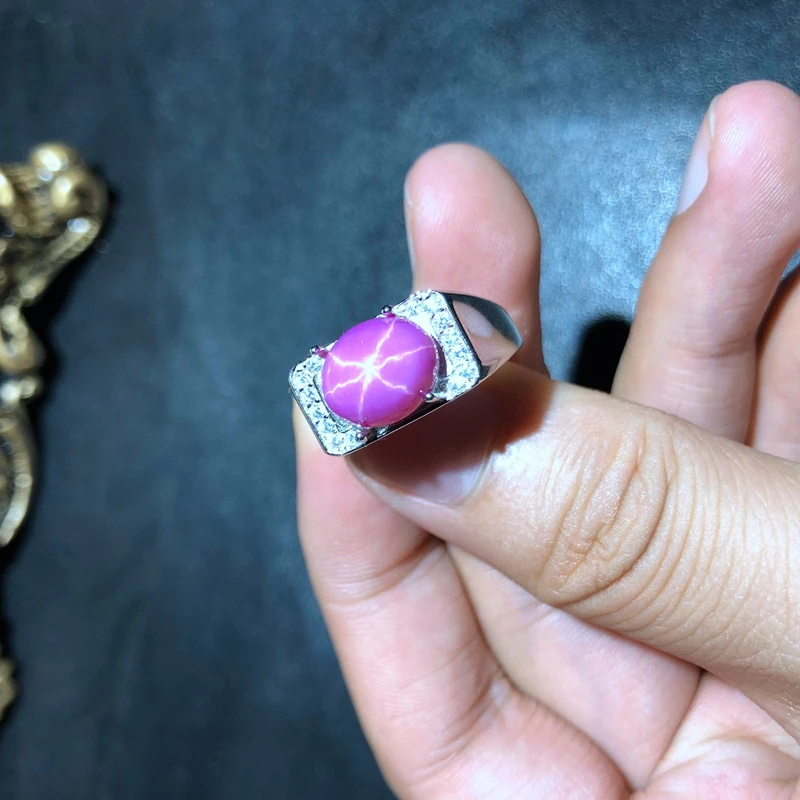 Didysis išpardavimas patrauklus mados rožinė gamtos Star Rubinas brangakmenio žiedas žmogui žiedas 925 sterlingas sidabro didelis dydis perlas