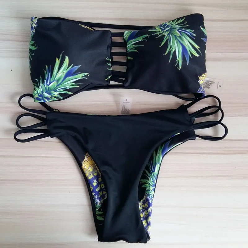 Dvipusės 2020 M Sexy Strappy Maudymosi Kostiumėlį Grįžtamasis Brazilijos Bikini Komplektas Ananasų Spausdinti Bandeau Maudymosi Kostiumai, Maudymosi Kostiumėliai Moterims