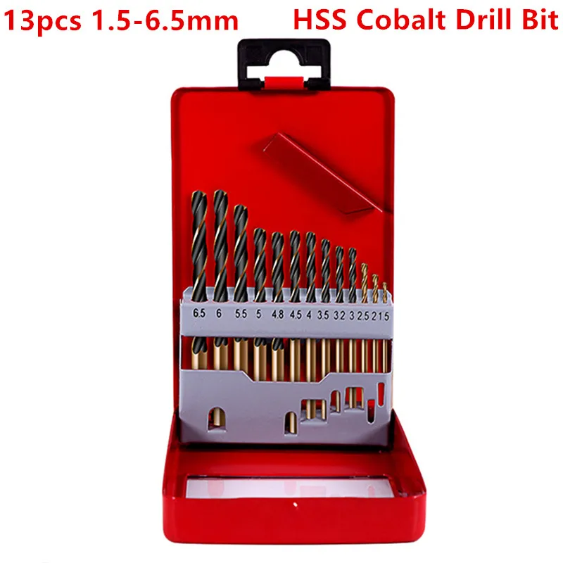 EDITA 13pcs 1.5-6.5 mm HSS-Co-Kobaltas Tiesiu Kotu Twist Drill Bit elektrinių Įrankių Priedai Metalo, Plieno gręžimo su dėžute