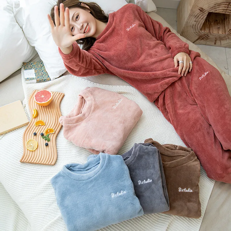 FINETOO 2 vnt Žiemos Moterys Tirštėti Šilta, Minkšta Pižama Moterų Flanelė Pižama Nustatyti ilgomis Rankovėmis Sleepwear Mergaitėms Ponios Pyjama