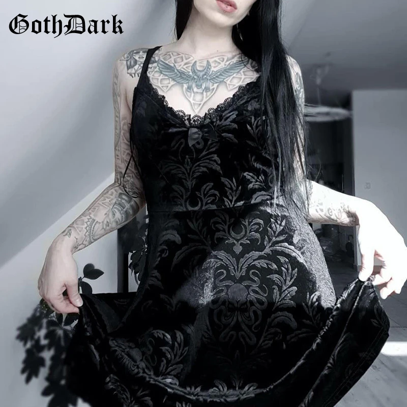 Goth Tamsiai Gotikos Vintage Black E-girl Vasaros Suknelė Moterims Bodycon Tvarstis V-kaklo, Siuvinėjimo Nėrinių Atsitiktinis Šalies Femme Suknelės