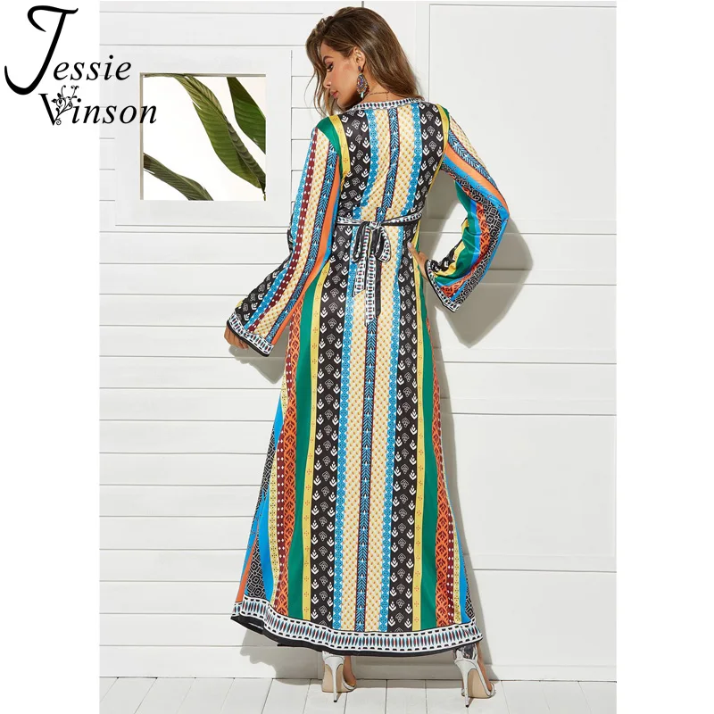 Jessie Vinson Long Sleeve V-kaklo Print Long Maxi Suknelė Moterims Afrikos Nacionalinės Spausdinti Grindų Ilgio Suknelė Vintage Ilga Suknelė Šalis