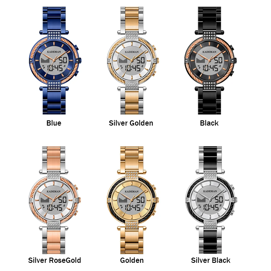 KADEMAN Naujas Dvigubas Ekranas Mados Moterų Laikrodžiai LED Laikrodis Kelis Laiko Juosta atspari Vandeniui Kvarciniai Laikrodžiai Lady Relogio Feminino