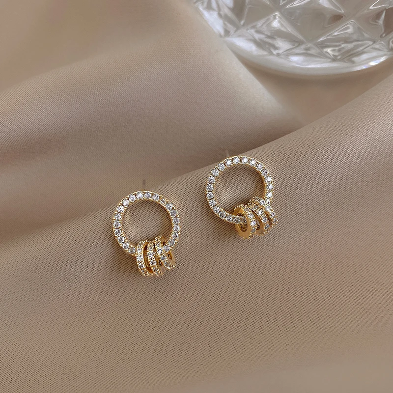 Korėjos karšto pardavimo bižuterijos paprasta raundas 14 KARATŲ tikru auksu auskarai prabangus visiškai kristalų moterų prom šalies auskarai