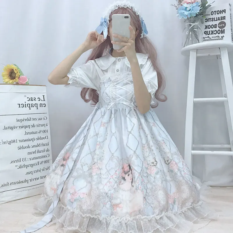 Lolita dress Japonijos JSK Kawaii pasakų dirželis suknelė moterims vasaros suknelė minkštas, saldus mergina vėjo mielas mergina rose Lolita dress