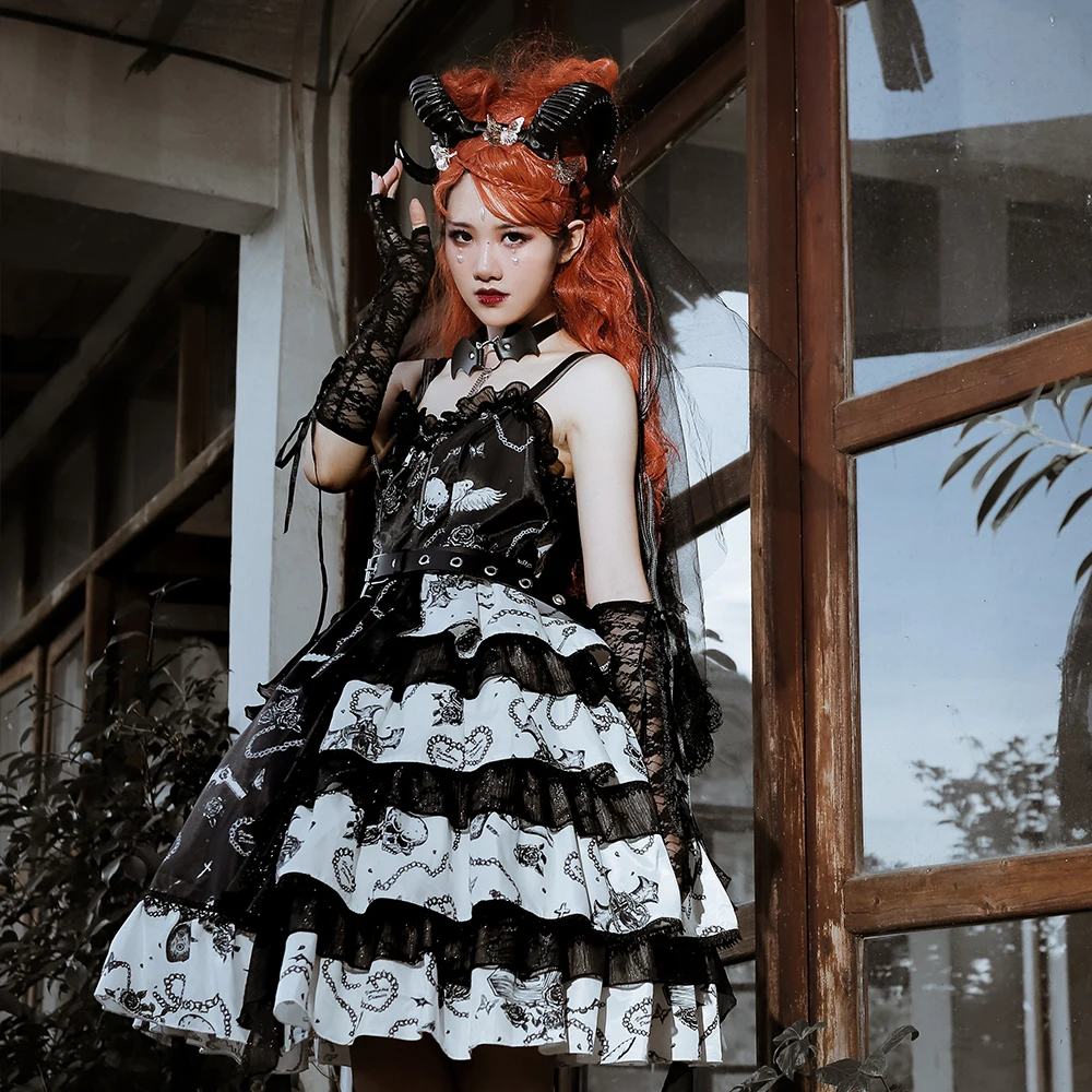Melonshow Gothic Lolita Dress Plius Dydžio Juodos spalvos Minkštos Sesuo Vampire Diaries Spausdinti Seksualus Rankovių JSK Suknelės Kawaii Drabužiai