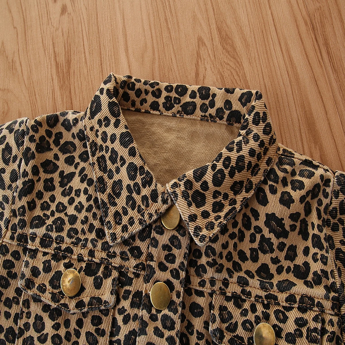 Mergaitės Pavasarį, Vasarą, Rudenį Striukė Ilgomis Rankovėmis Lankstymo Apykaklės Leopard Print Mygtuką Žemyn Dizaino Priekinės Kišenės Striukės Outwear