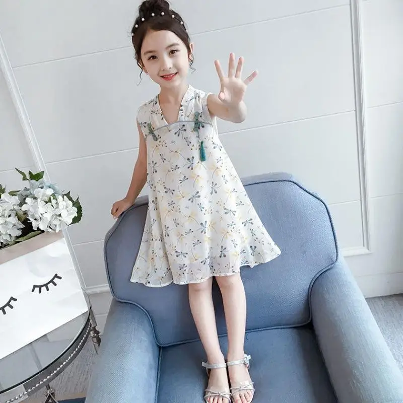 Mergina Cheongsam Suknelės 2020 Metų Vasaros Vaikų Rankovių Kinų Stiliaus Suknelė Vaikai Princesė Atspausdintas Šifono Suknelės, Šaliai, Drabužių