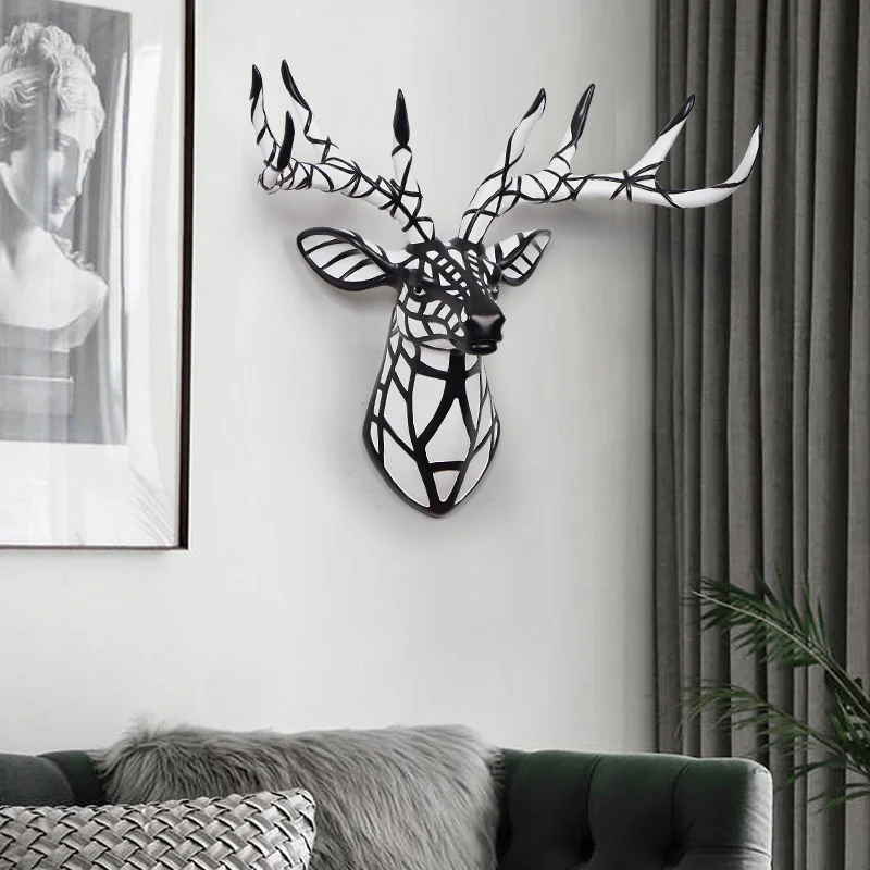 [MGT]Šiaurės stiliaus elnių galvos sienos kabo dervos ornamentu gyvūnų statula šiuolaikinės minimalistinės kūrybos namų fone, papuošalai