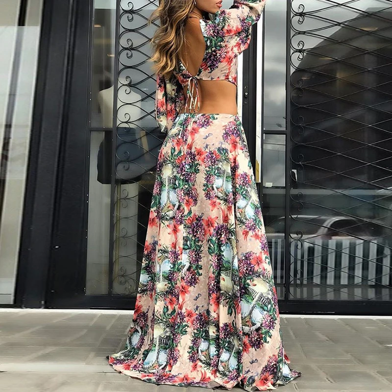 Moterys, Vasarą, Rudenį Gėlių Spausdinti Išpjovą Šlaunies Ritininės Maxi Suknelė Atostogų Pašaukimas Boho Beach Sexy Ilga Suknelė Backless Šalies Vestidos
