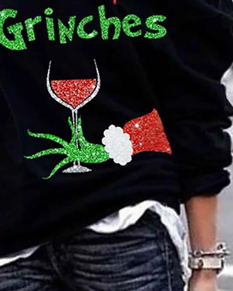 Moterų Mados Atsitiktinis ilgomis Rankovėmis Viršūnes Palaidinė Feamle Kalėdų Grinches Stiklo Vyno Spausdinimo Dizainą, 2XL Plius dydžio Palaidinukė Viršūnės