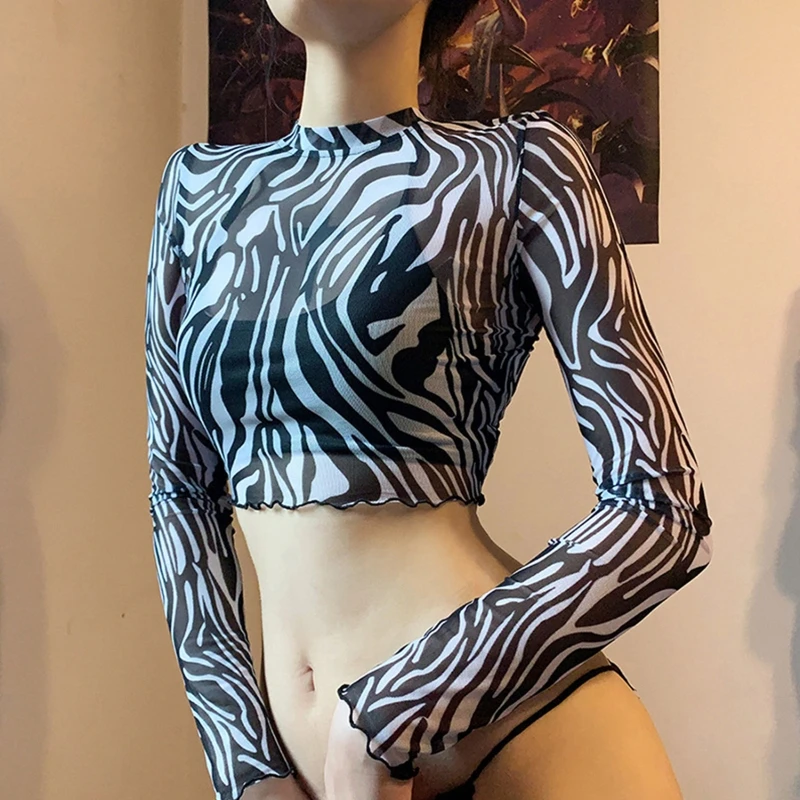 Moterų Sexy 2vnt ilgomis Rankovėmis Pasėlių Viršuje su Juoda Apynasrio Camisole Harajuku Zebra Stripes Spausdinami Vien Akies Slim T-Shirt