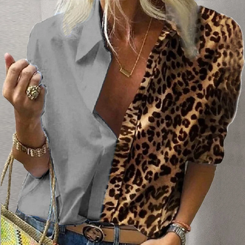 Moterų V-Kaklo Leopard Palaidinė Atsitiktinis marškinėliai ilgomis Rankovėmis Kietas Kratinys Viršūnes Palaidinė Rudenį Elegantiška Panele OLIS Plius Dydžio Marškinius Blusas