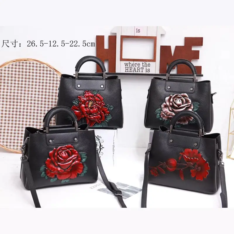 Natūralios odos krepšiai moterų nešti maišą kinų stiliaus moterų rankinės gėlių raštas karvės odos pečių krepšiai