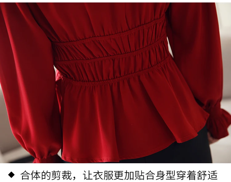 Naujas 2021 m. Pavasarį Sexy V kaklo Mados Šifono moteriški Marškinėliai ilgomis rankovėmis Raudonų Nėrinių palaidinė marškinėliai nėrimo žibintų rankovės blusas 810J