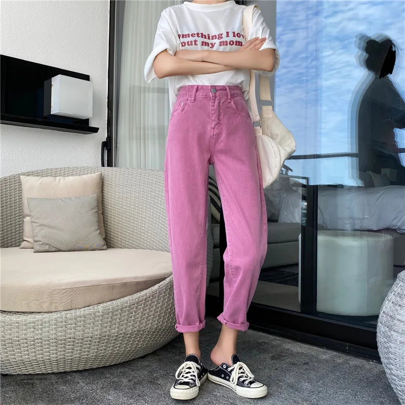 Nekilnojamojo Kulka Korėjos Retro Stiliaus Rožinė, Violetinė High Waisted Laisvi, Tiesūs Kojų Kelnės Ne-Mainstream Elegantiškas Mados Džinsus