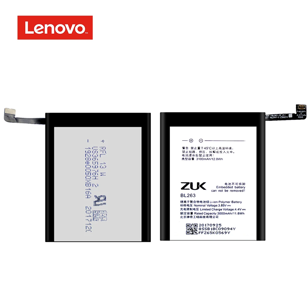 Originalus BL263 Lenovo ZUK Z2PRO Z2121 Li-ion Bateriją Didelės Talpos Polimero Baterijos 3.85 V 3100mAh + nemokamas ĮRANKIAI