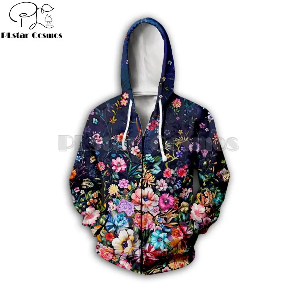 PLstar Kosmosas 2019 Mados Vyrų ir Moterų gėlės Užtrauktukas hoodie tapybos Gėlių 3D Atspausdintas streetwear Atsitiktinis Gobtuvu striukė