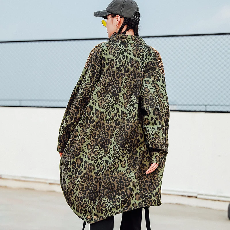 Plus Size Kamufliažas Tranšėjos Paltai Moterims Rudens Žiemos 2020 Vilnos Leopardų Kailio Kišenės Paltas Moteriška Outwear LT940S50