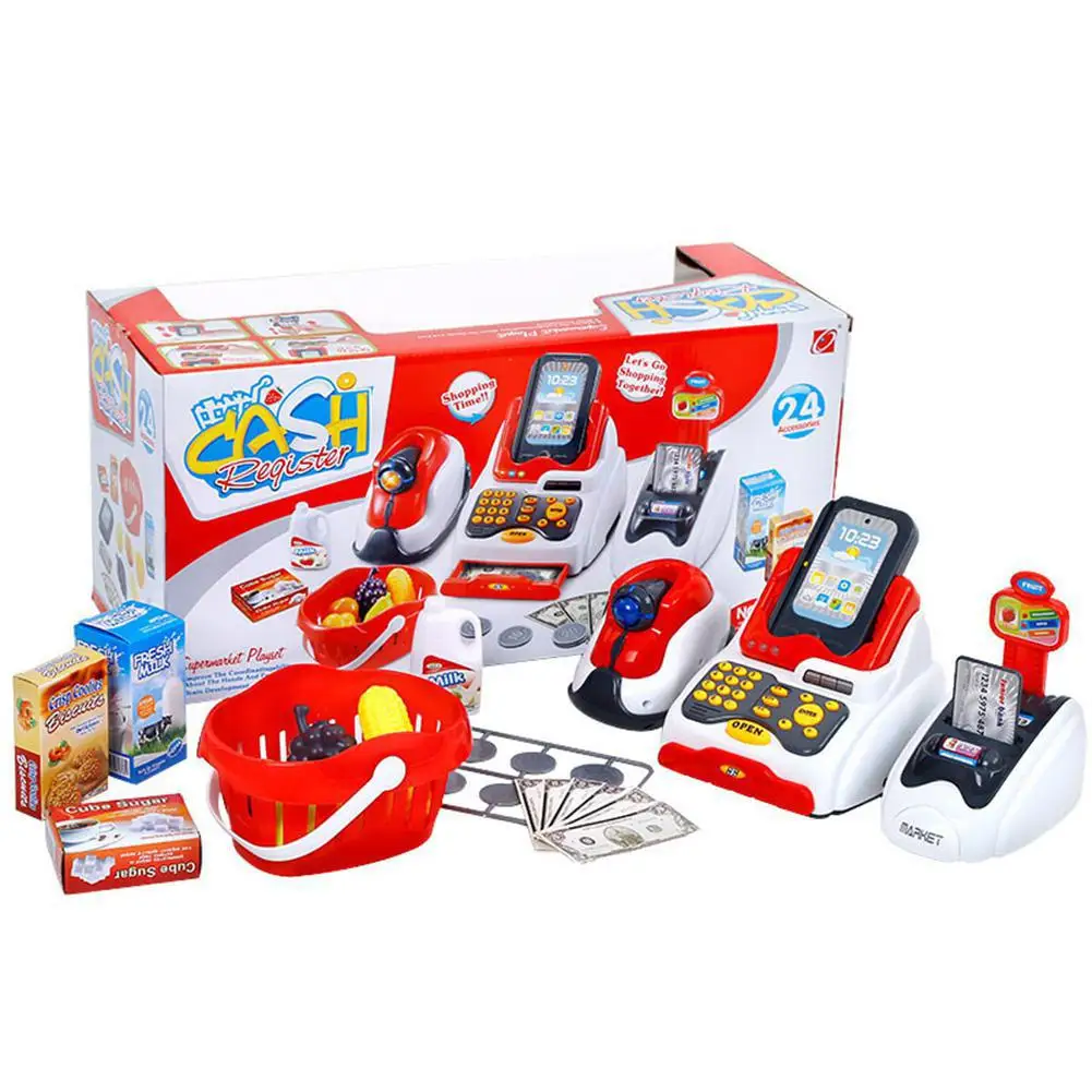 RCtown 24Pcs/Set Žaislai Mergaitėms LED Muzikos Parduotuvės kasos Skaitytuvas Maisto Modelis Apsimesti Žaisti Vaikams, Žaislas pirkinių krepšelį